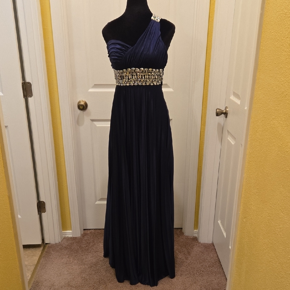 Navy Satin Maxi Dress Gown One Shoulder with Silver Beads